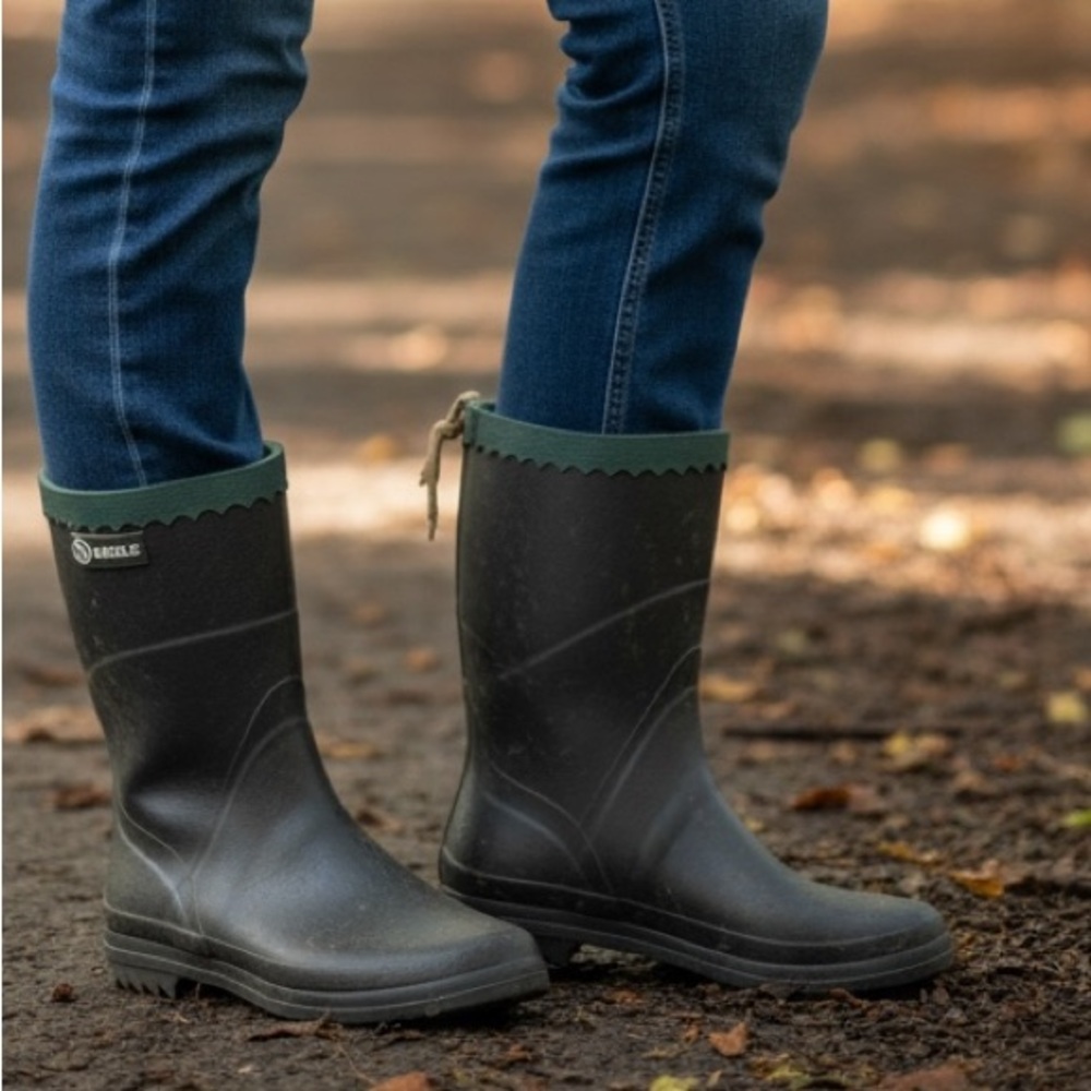 French brand Aigle Black & Green Rain Boots